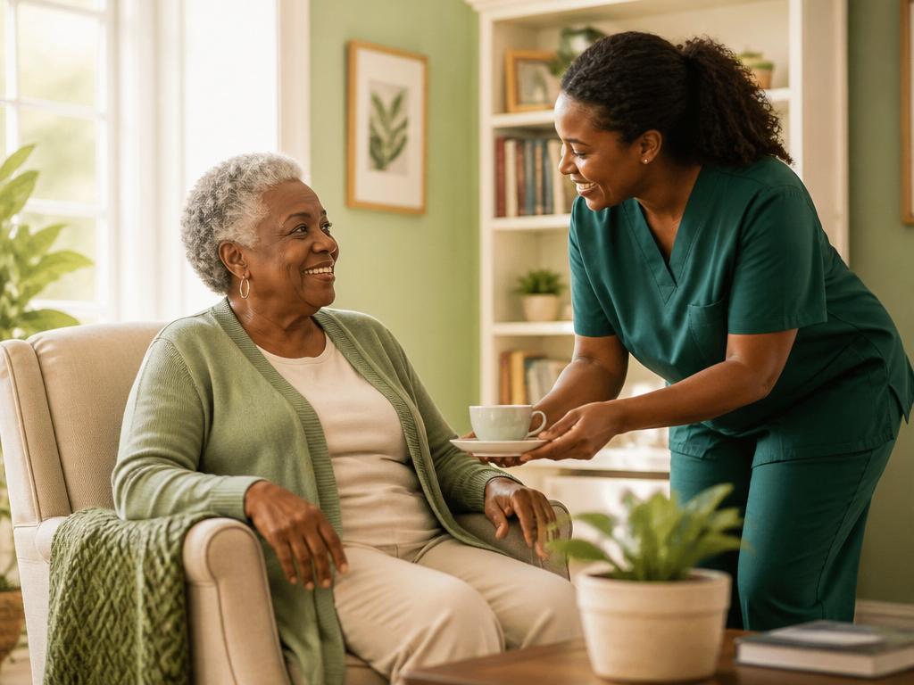 A caregiver brings tea to a smiling senior in a cozy living room