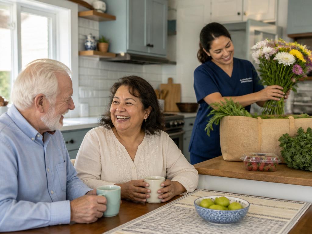 A caregiver brings fresh flowers while an elderly couple enjoys coffee in their kitchen