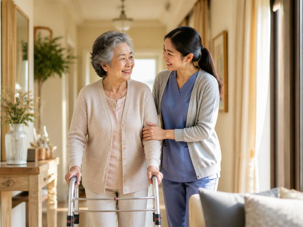 A caregiver gently assists a smiling senior with a walker in a bright home hallway